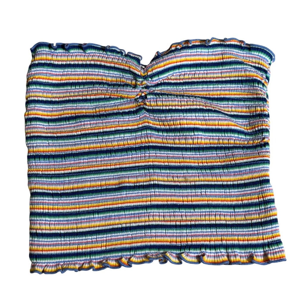 Bohemian Coastal Urban Outfitters Rainbow Stripe Smocked Tube Top Lettuce Trim S